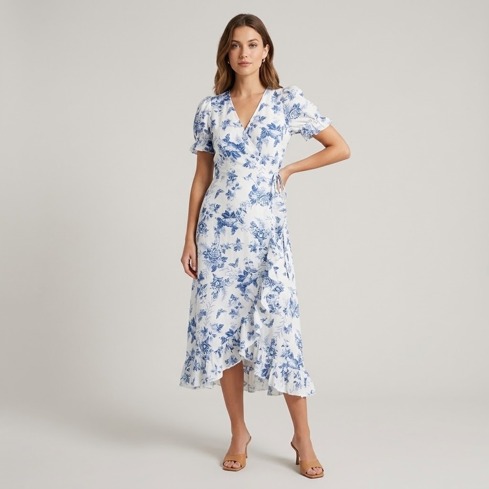 & Other Stories Midi Wrap Dress 100% Linen Blue White Floral Ruffle Puff Size 6